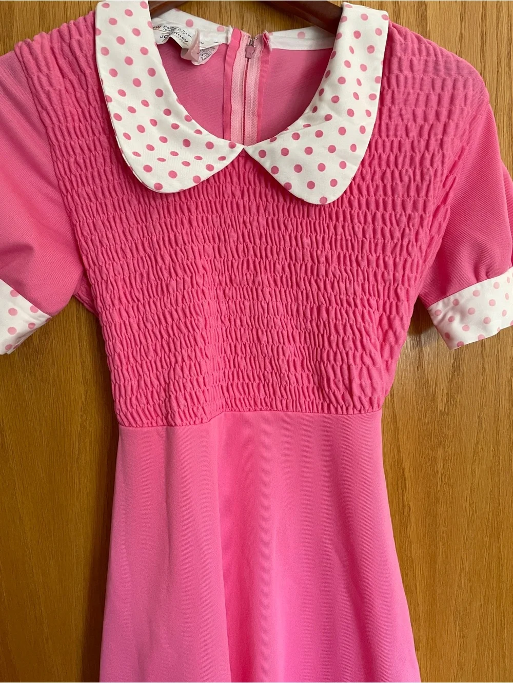 jcpenney Pink Smocked Dress with Polka Dot Peter Pan Collar 1970s Mae in USA